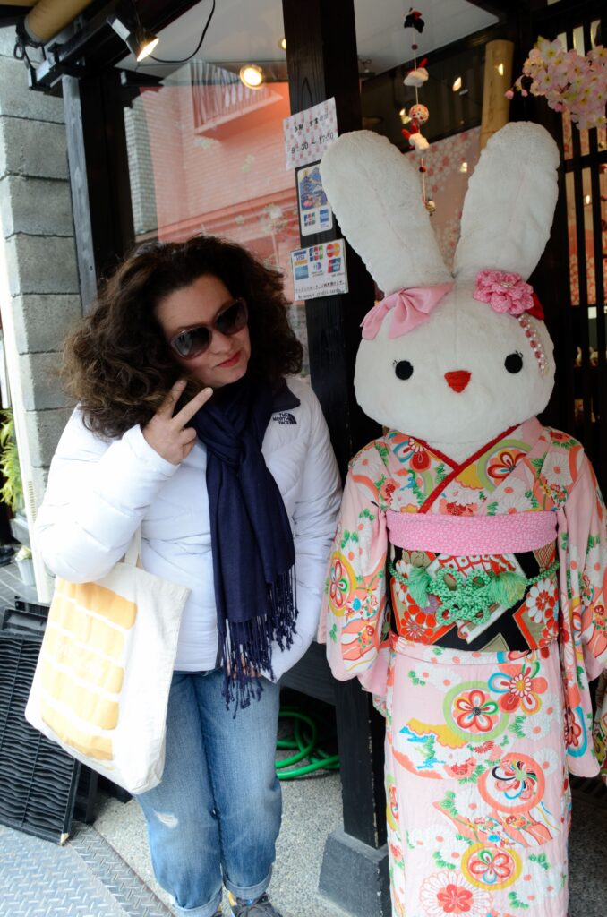 Nancy next to a 6' rabbit in a kimono