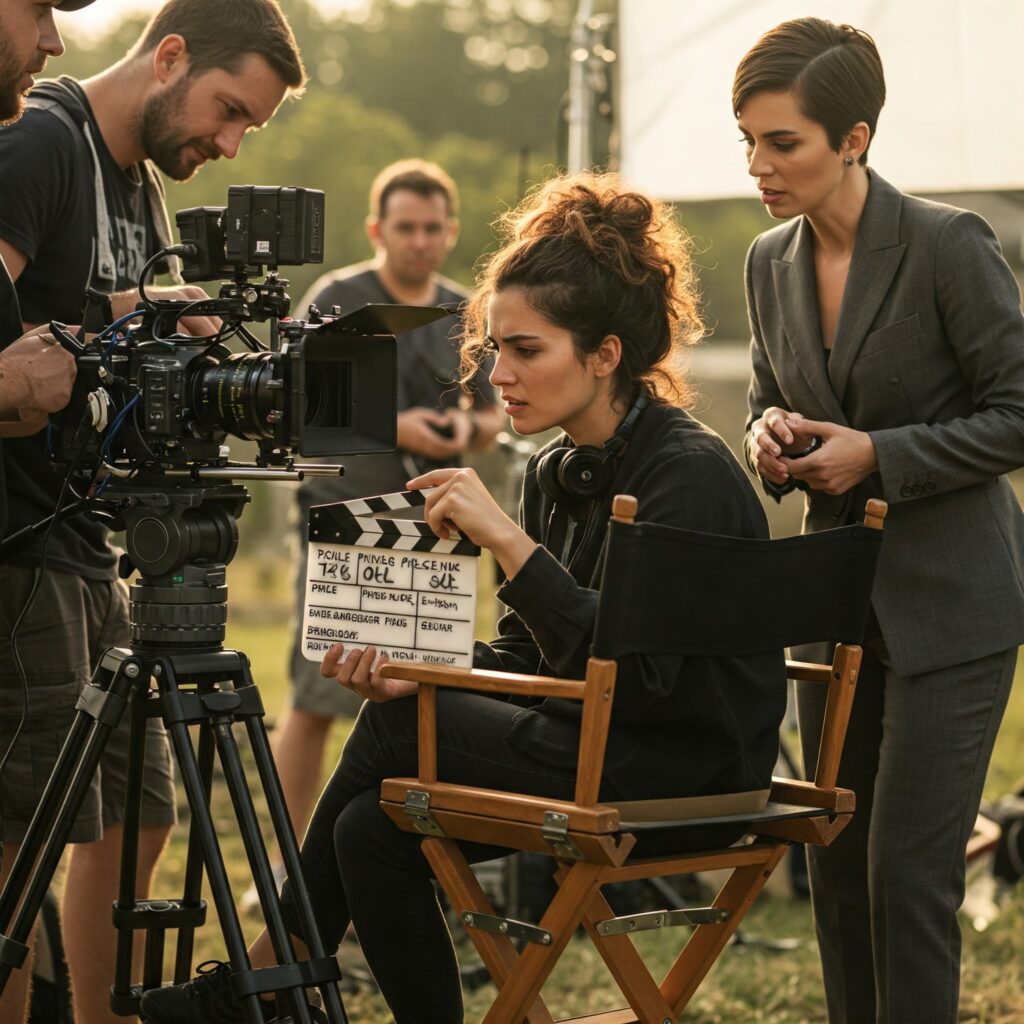 A film crew, with a woman with a clapper and a camera, at an outdoor film set.